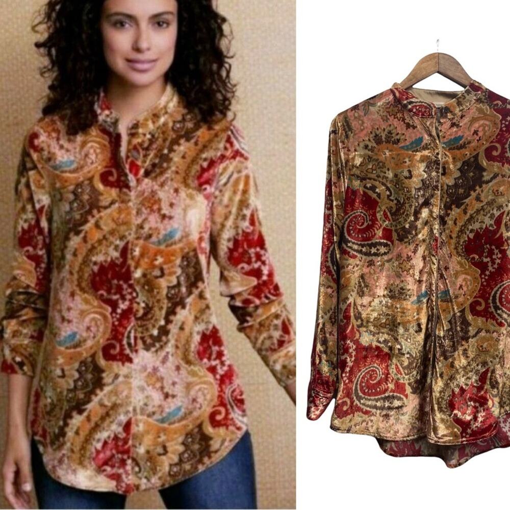 Soft Surroundings Velvet Bronze Montaigne Shirt Floral Paisley Medium